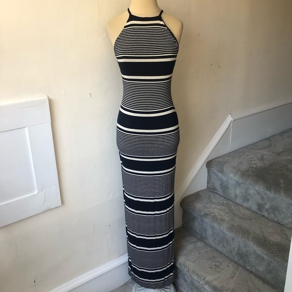 Nadia Tarr Striped High Neck Side Slit Maxi Dress - Picture 1 of 7
